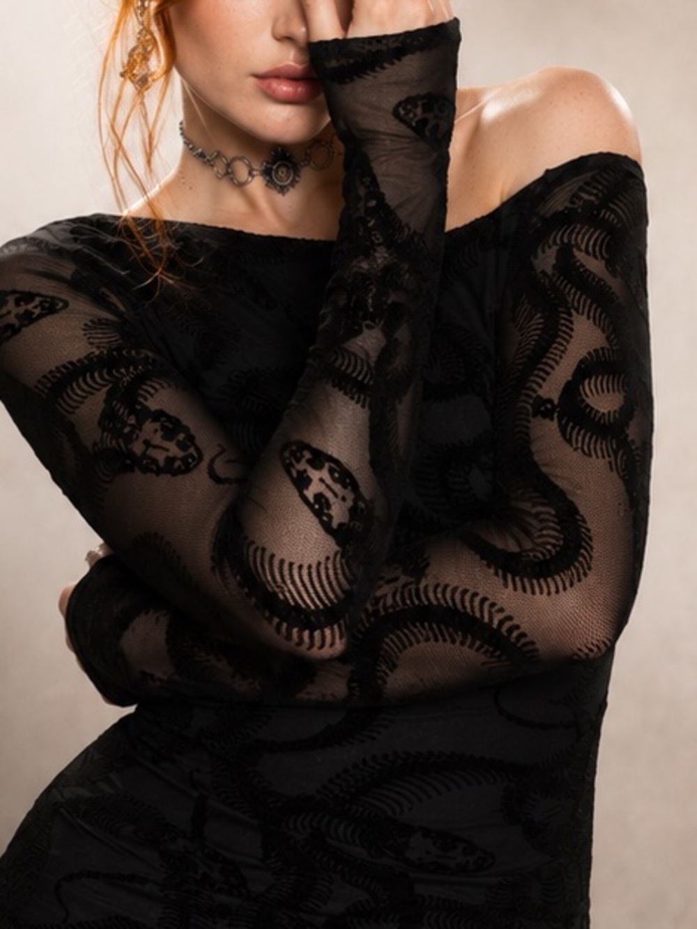 Disturbia Paleo Flocked Mesh Skeletal Snake Long Sleeve Midaxi Dress – NWT US 12
